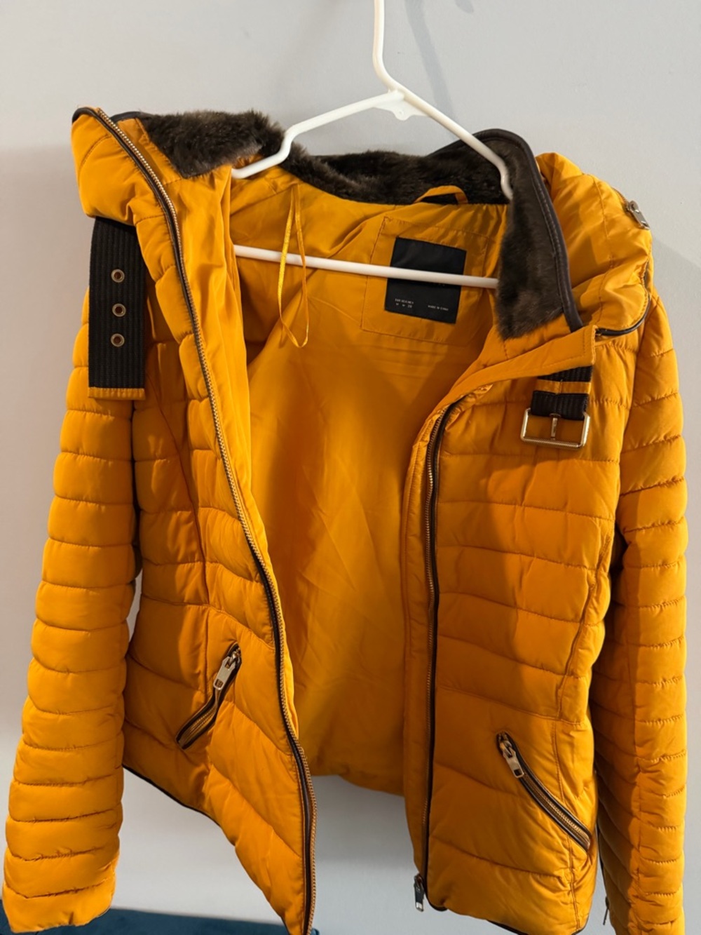 Zara Mustard Quilted Puffer Jacket with Faux Fur Trim